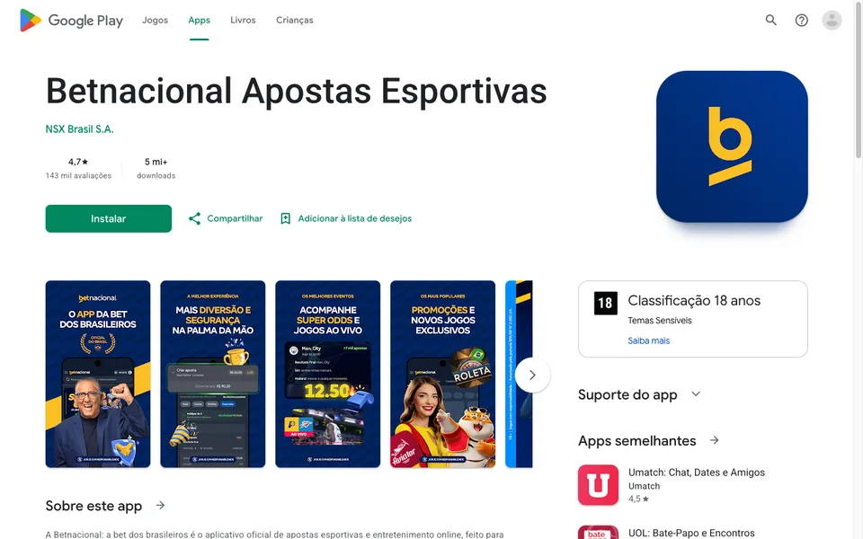 Página do app Betnacional Apostas Esportivas na Google Play (02/10/2026)