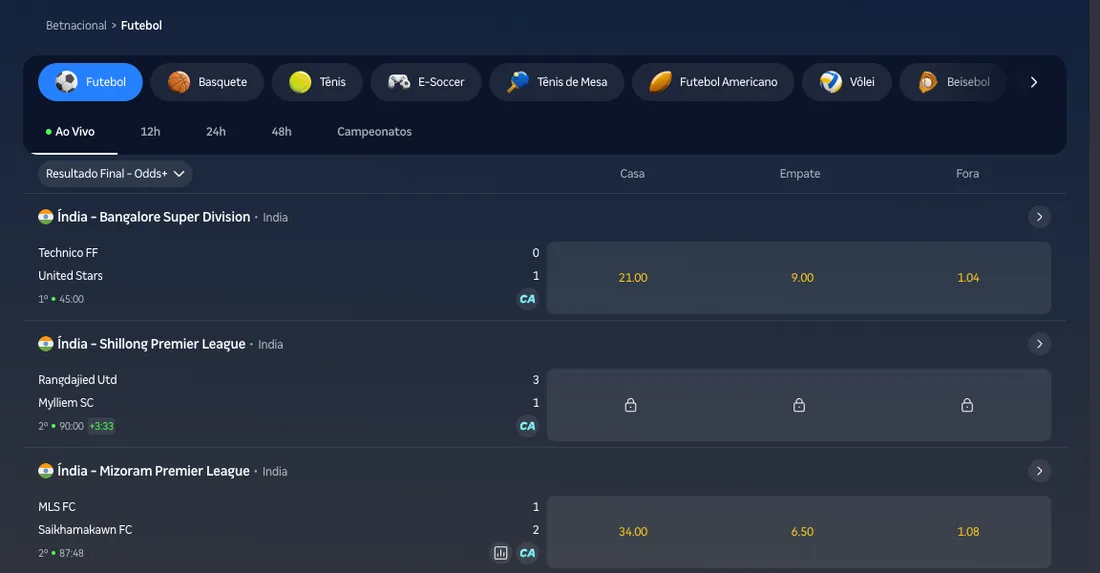 Partidas ao vivo com odds 1X2 na Betnacional