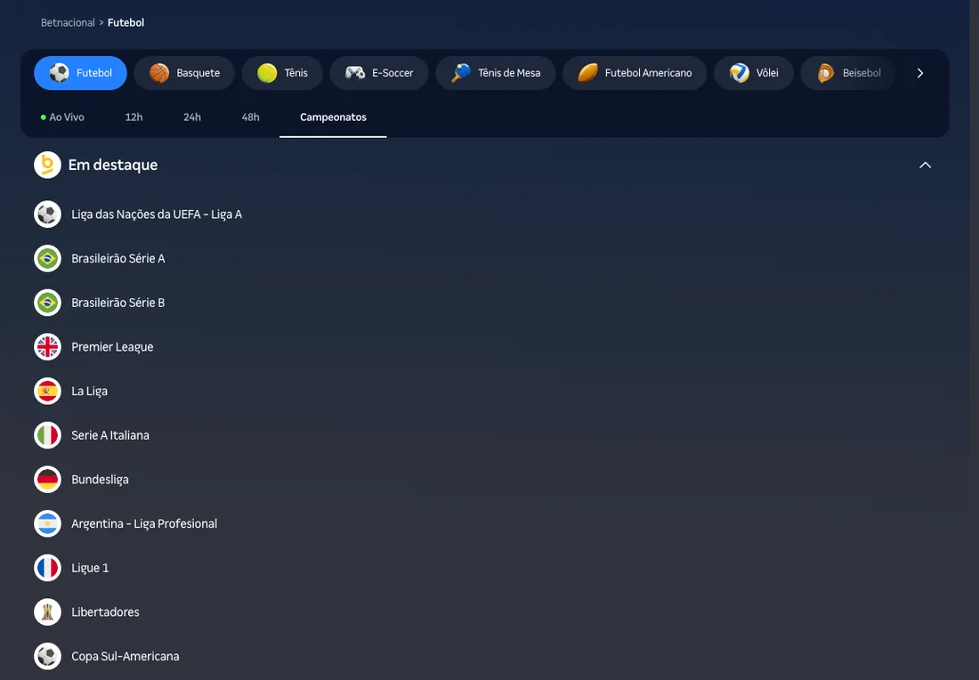 Lista de campeonatos em destaque no menu Futebol da Betnacional